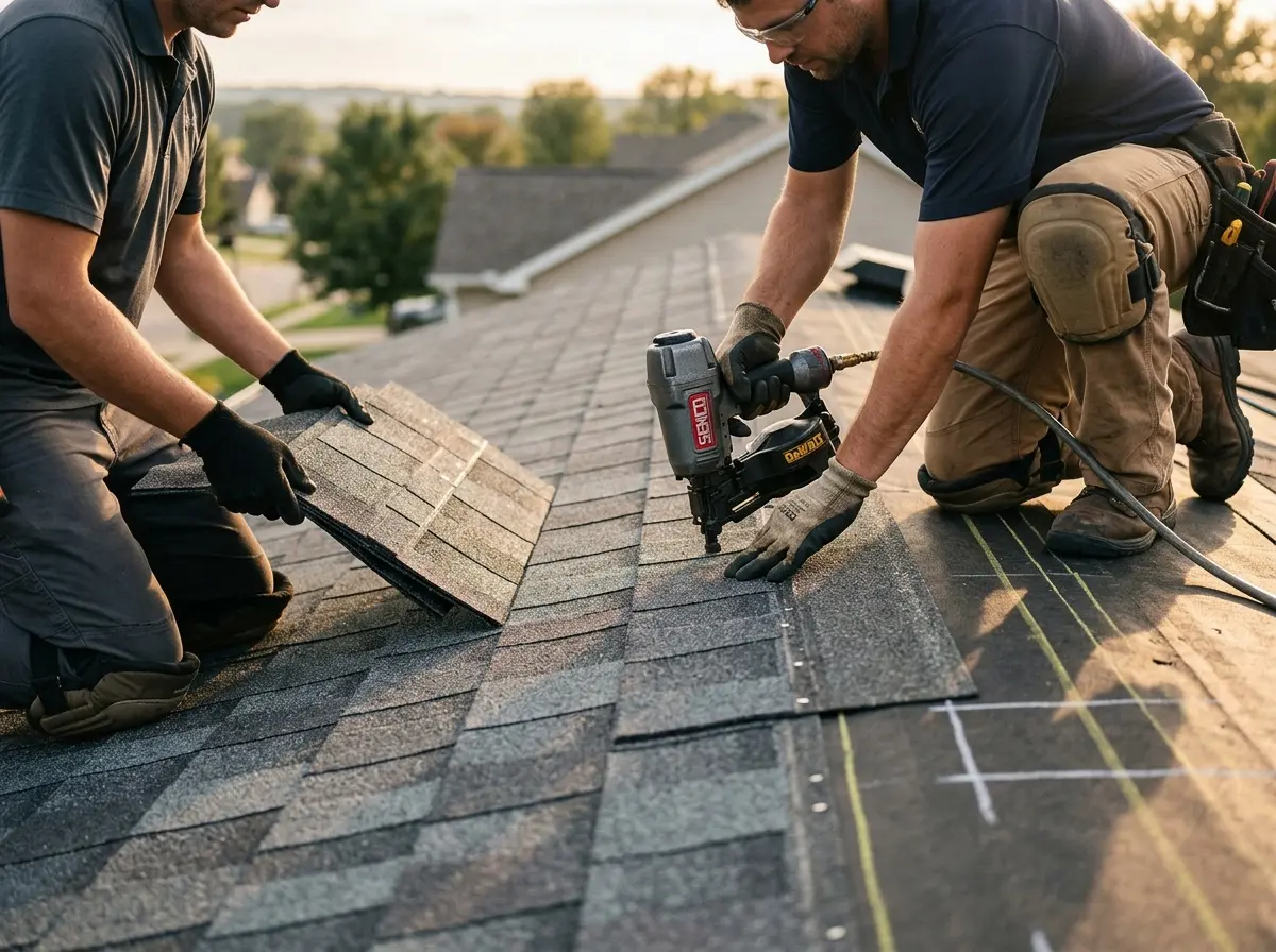 Professional roofer working on a residential roof in Reno
